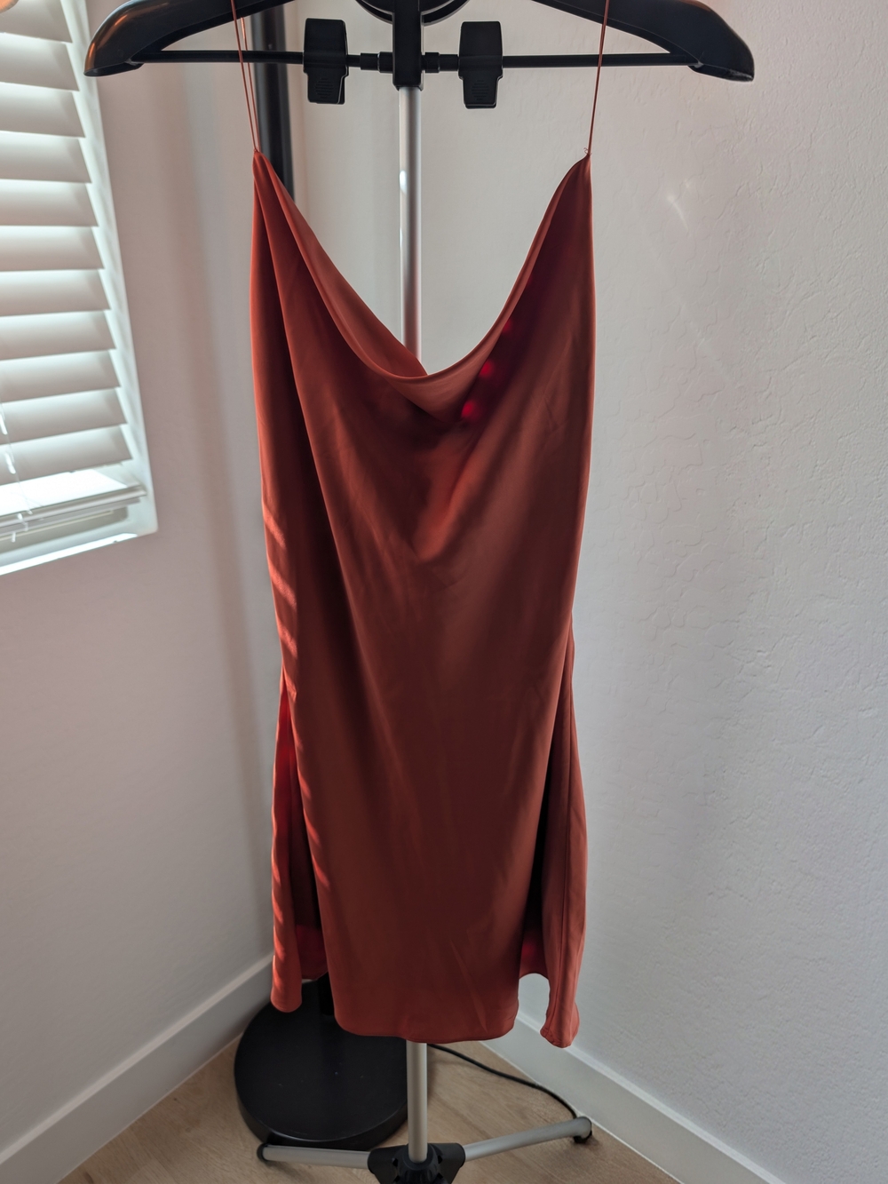 Double Zero Satin Cowl Neck Silk mini Dress in Rust